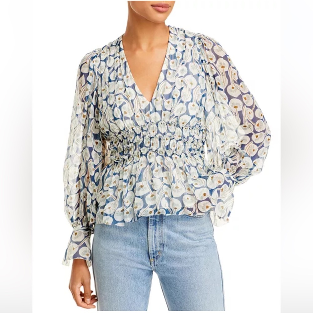 Rebecca Taylor NWOT Deco Fleur Silk Blouse Long Sleeve Size 8 V Neck Career